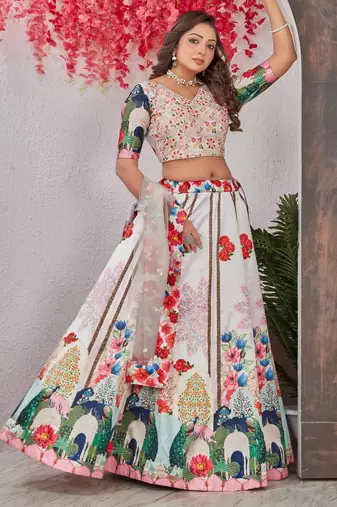 multicolor digital printed Madonna Silk lehenga choli