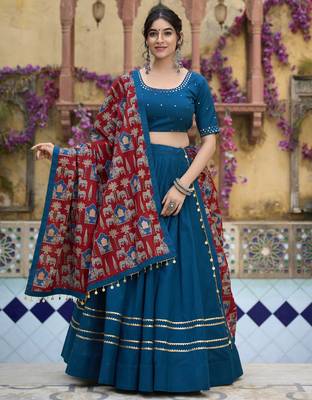 teal blue gota patti touch up pure cotton indian designer latest design navratri raas garba lehenga dress 1