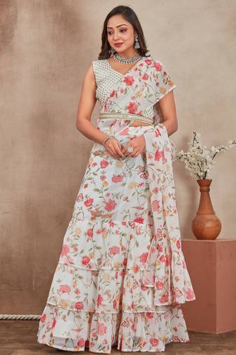 off-white Digital Printed georgette lehenga saree
