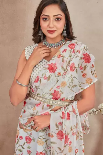 off-white Digital Printed georgette lehenga saree