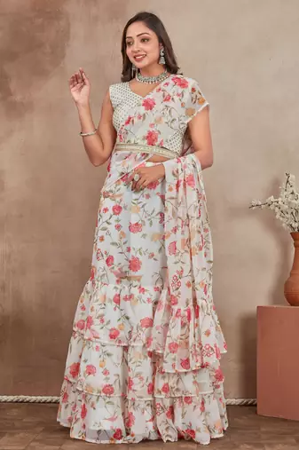 off-white Digital Printed georgette lehenga saree