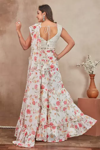 off-white Digital Printed georgette lehenga saree