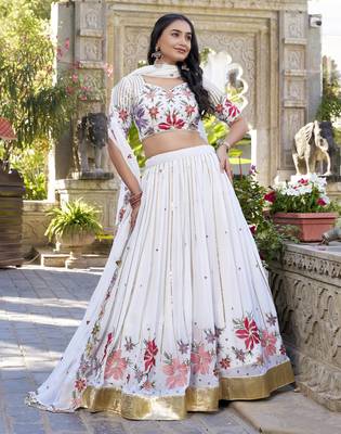 white sequins and thread embroidered georgette indian designer wedding lehenga dress 1