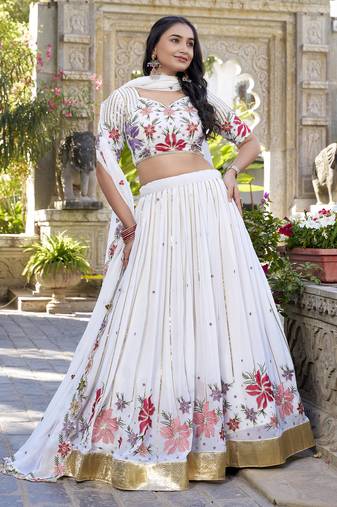 white sequins and thread embroidered georgette indian designer wedding lehenga dress