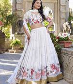 white sequins and thread embroidered georgette indian designer wedding lehenga dress