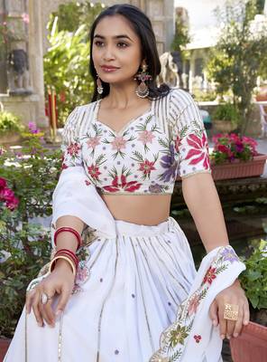 white sequins and thread embroidered georgette indian designer wedding lehenga dress 3
