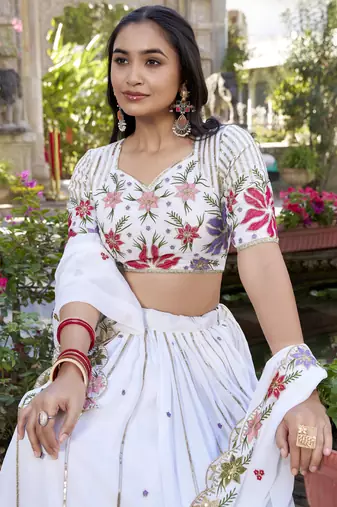 white sequins and thread embroidered georgette indian designer wedding lehenga dress