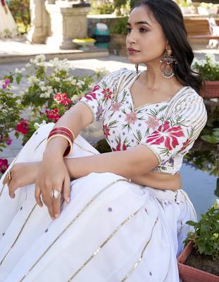 white sequins and thread embroidered georgette indian designer wedding lehenga dress 4