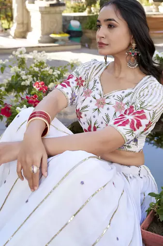 white sequins and thread embroidered georgette indian designer wedding lehenga dress