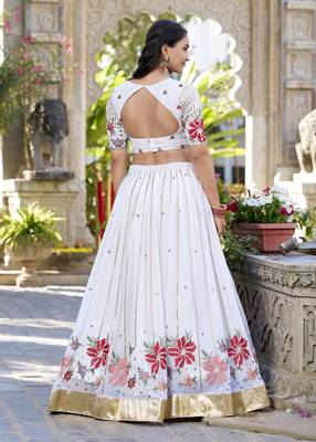 white sequins and thread embroidered georgette indian designer wedding lehenga dress 5