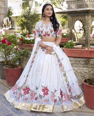 white sequins and thread embroidered georgette indian designer wedding lehenga dress 6