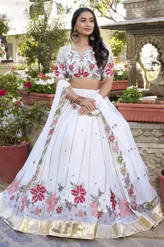 white sequins and thread embroidered georgette indian designer wedding lehenga dress