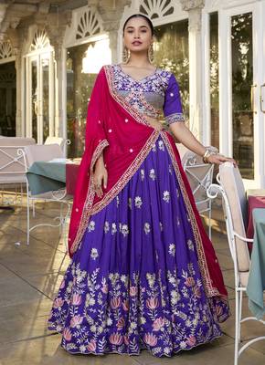 purple sequins and thread embroidered georgette indian designer wedding lehenga dress 1