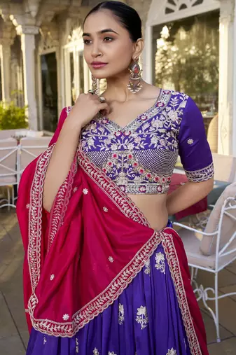 purple sequins and thread embroidered georgette indian designer wedding lehenga dress