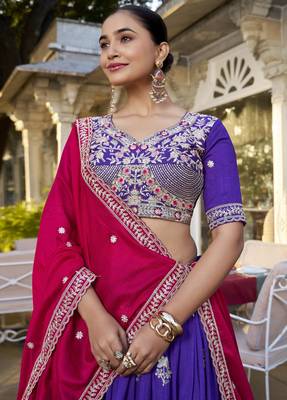 purple sequins and thread embroidered georgette indian designer wedding lehenga dress 4