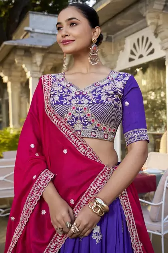 purple sequins and thread embroidered georgette indian designer wedding lehenga dress