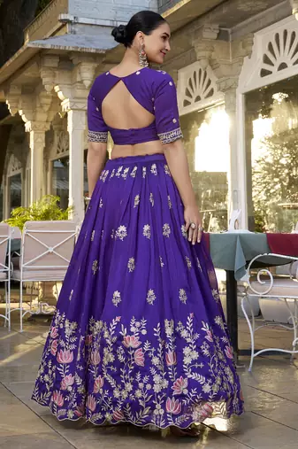 purple sequins and thread embroidered georgette indian designer wedding lehenga dress
