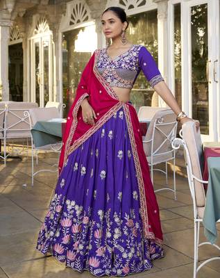 purple sequins and thread embroidered georgette indian designer wedding lehenga dress 6