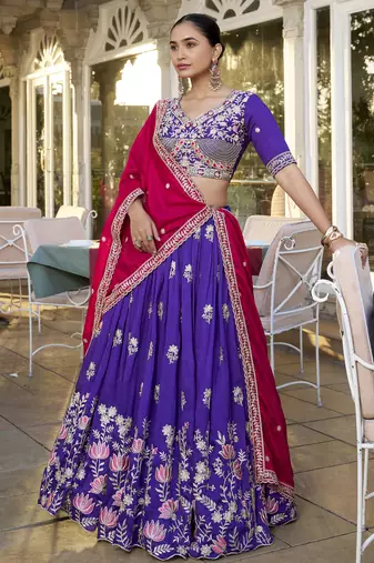 purple sequins and thread embroidered georgette indian designer wedding lehenga dress