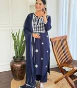 Thread Work with Rayon Fabric Straight Kurta, Pant and Dupatta Set