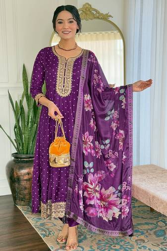 Beautiful Embroidery Work with Vichitra Silk Fabric Flared Kurta, Pant and Dupatta Set