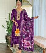 Beautiful Embroidery Work with Vichitra Silk Flared Kurta, Pant and Dupatta Set