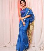 Blue Handloom Cotton Silk saree with Running Blouse Piece