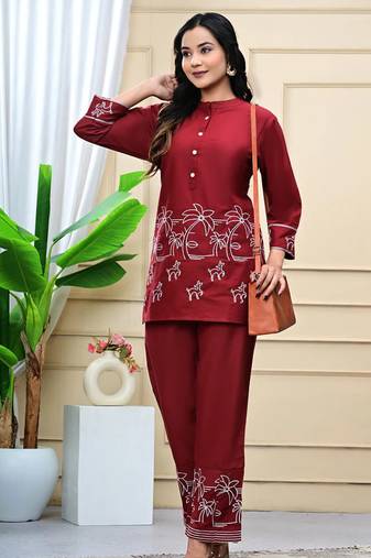 Maroon Embroidered Cotton Co-Ord Set
