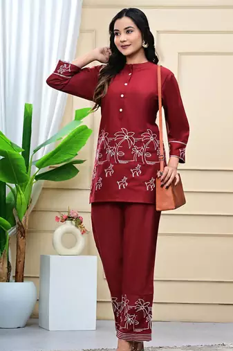 Maroon Embroidered Cotton Co-Ord Set