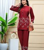 Maroon Embroidered Cotton Co-Ord Set