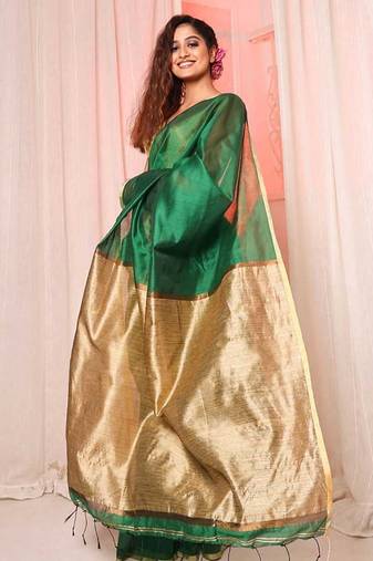 green Handloom Cotton Silk saree with running blouse piece