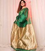 green Handloom Cotton Silk saree with running blouse piece