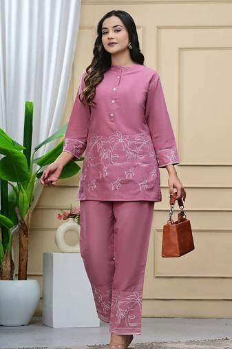 Faded Pink Embroidered Cotton Co-Ord Set