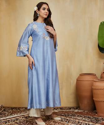 Pastel blue floral embroidered chanderi kurti 1