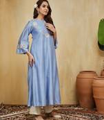 Pastel blue floral embroidered chanderi kurti