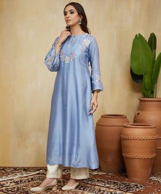 Pastel blue floral embroidered chanderi kurti 2
