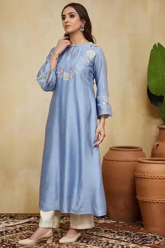 Pastel blue floral embroidered chanderi kurti