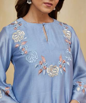Pastel blue floral embroidered chanderi kurti 3