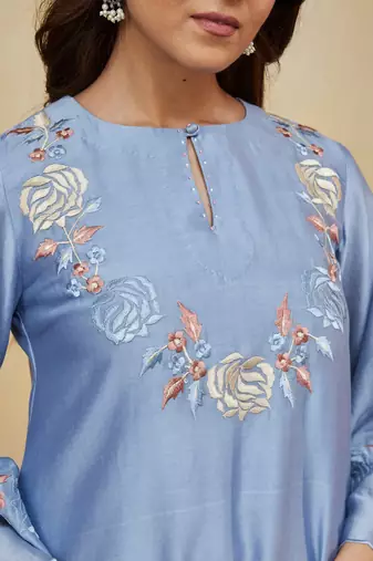 Pastel blue floral embroidered chanderi kurti