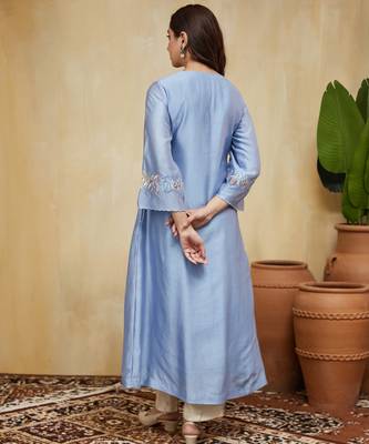 Pastel blue floral embroidered chanderi kurti 4