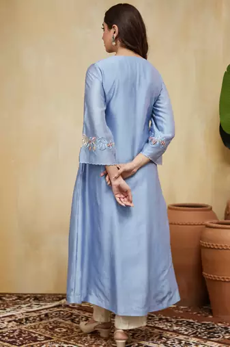 Pastel blue floral embroidered chanderi kurti
