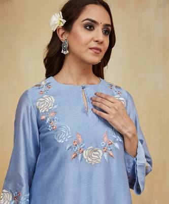 Pastel blue floral embroidered chanderi kurti 5