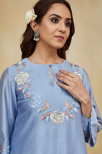 Pastel blue floral embroidered chanderi kurti