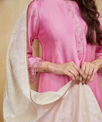 Pastel pink floral embroidered chanderi kurti 3