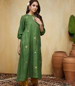 Green floral embroidered cotton kurti