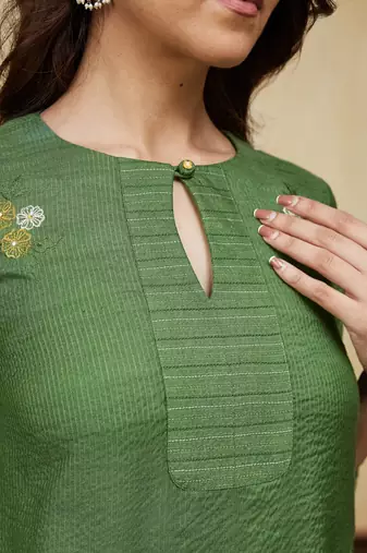 Green floral embroidered cotton kurti