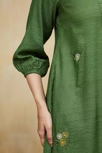 Green floral embroidered cotton kurti