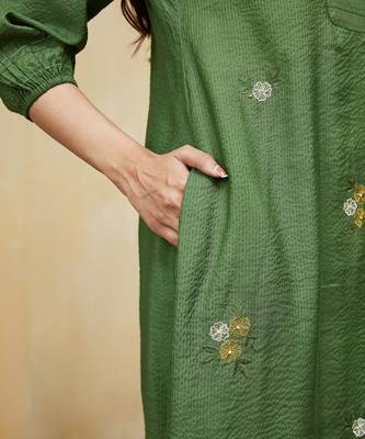 Green floral embroidered cotton kurti 4