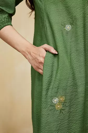 Green floral embroidered cotton kurti