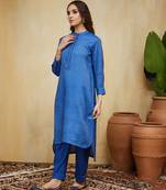 Blue plain cotton stripe kurti
